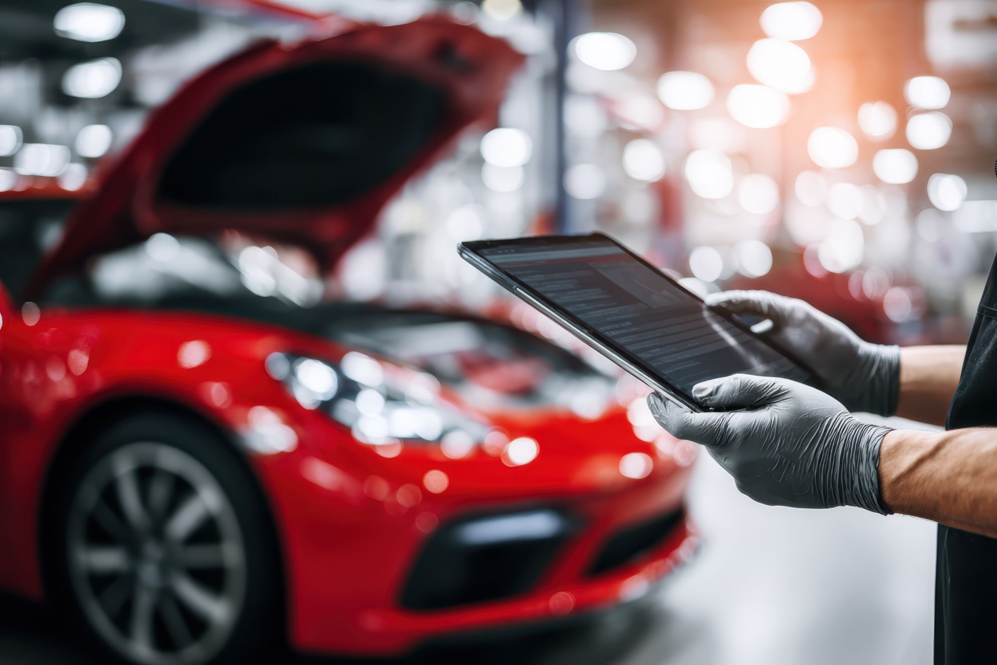 グレーのグローブをはめた整備士がタブレットで赤い車の車両診断をしている様子